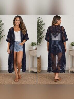 Black Lace Duster Cardigan L/XL Sheer Boho Kimono Swimsuit Cover Up